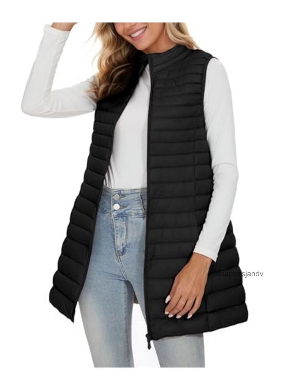 Long Puffer Vest Lightweight Down Sleeveless Zip Pockets